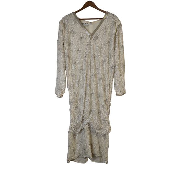 Vtg Judith Ann Plus Beaded Formal Gown Womens 16 Cream Silver Drop Waist Ruching - Picture 1 of 11